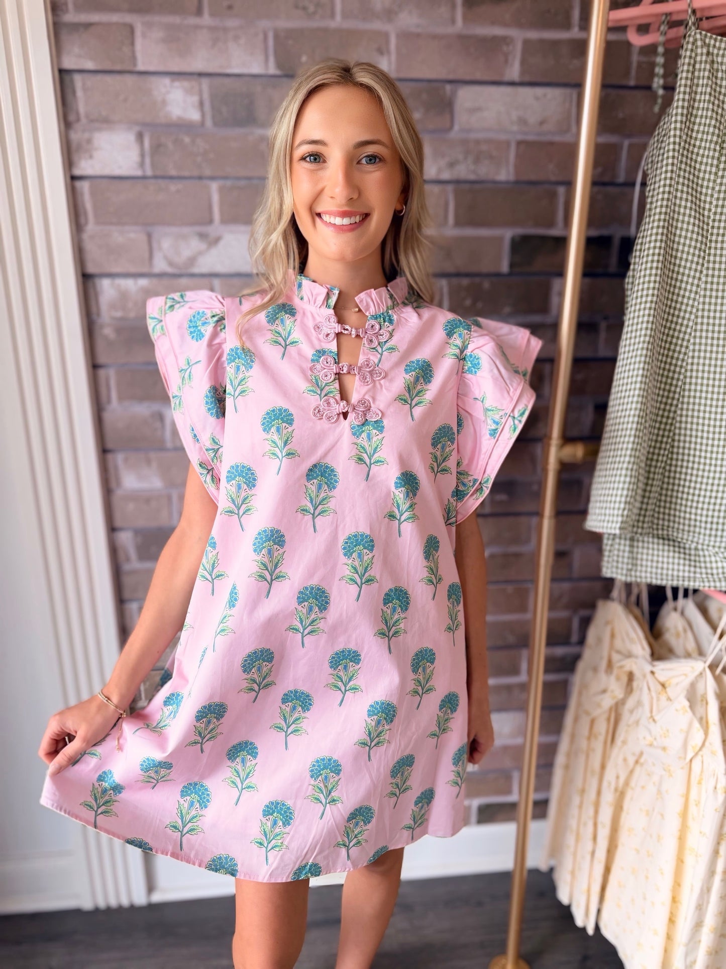 Floral Printed Ruffle Neck Mini Dress