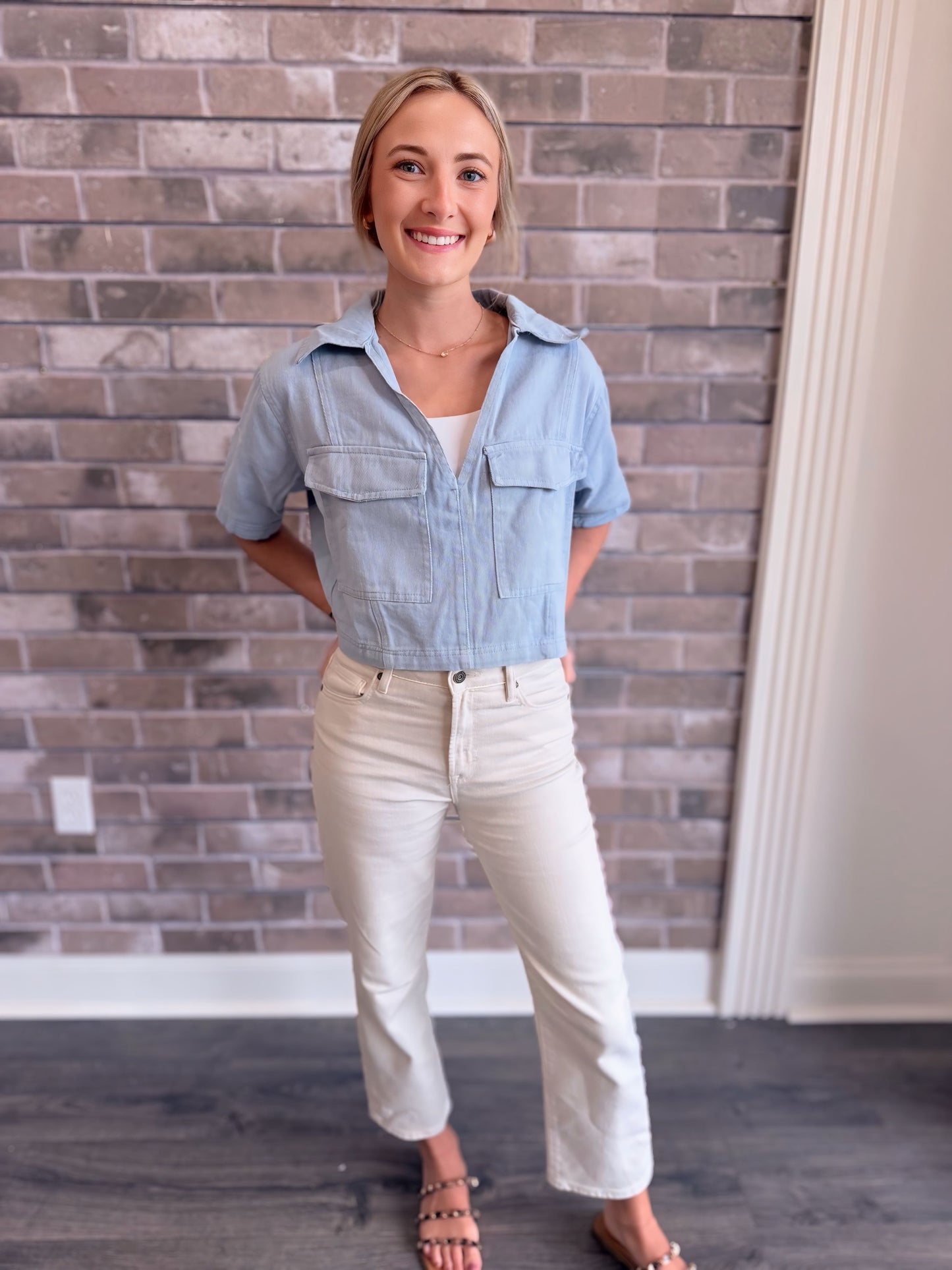 Light Blue Collared V-Neck Top