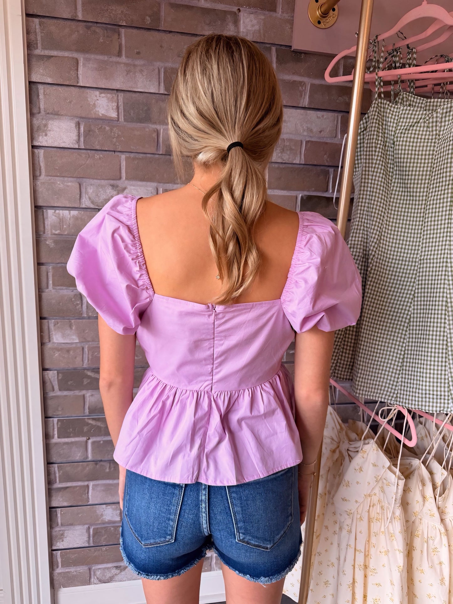 Lilac Puff Sleeve Top W/Knotted Neck Detail