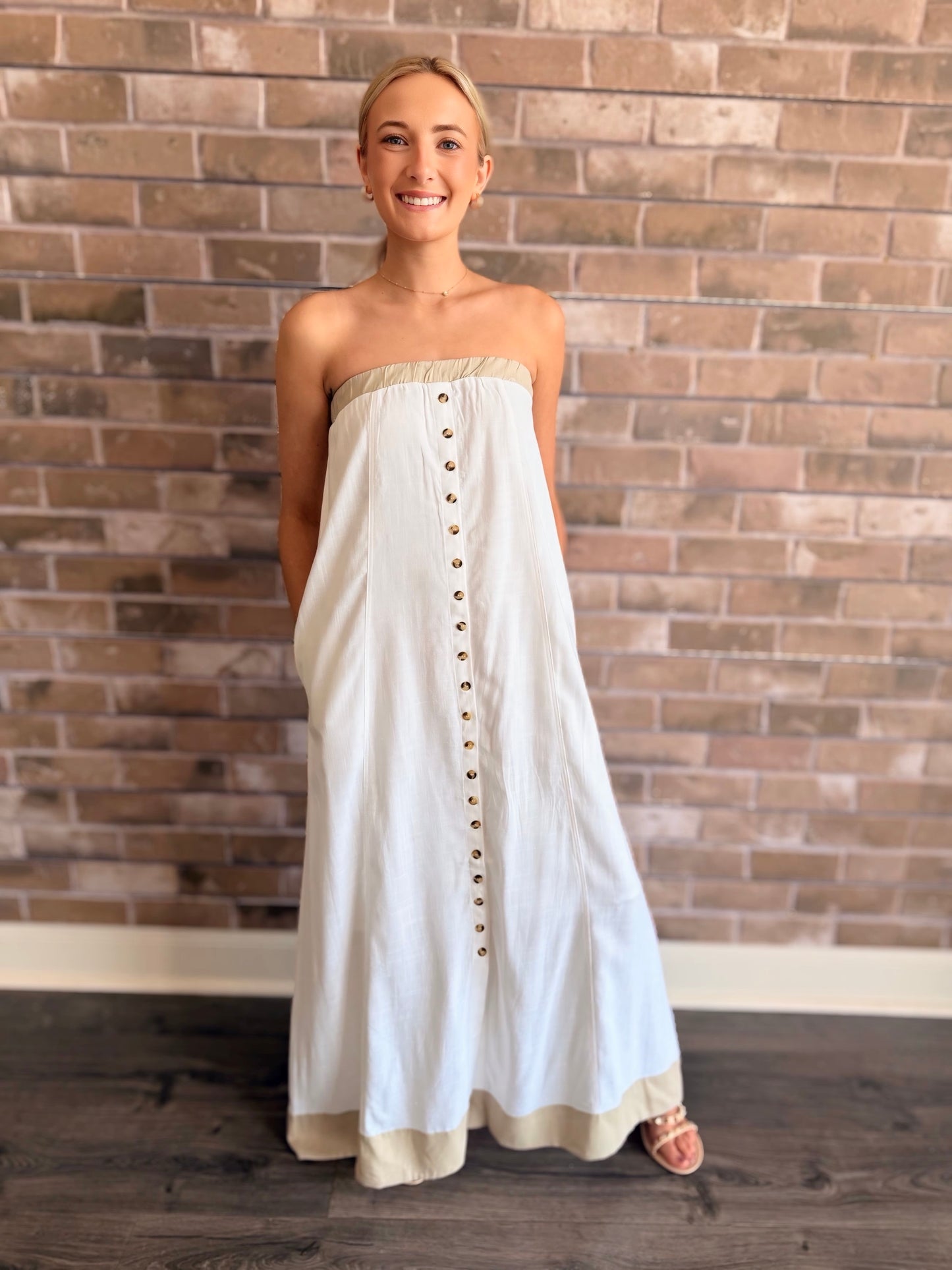 Strapless Button-Front Maxi Dress