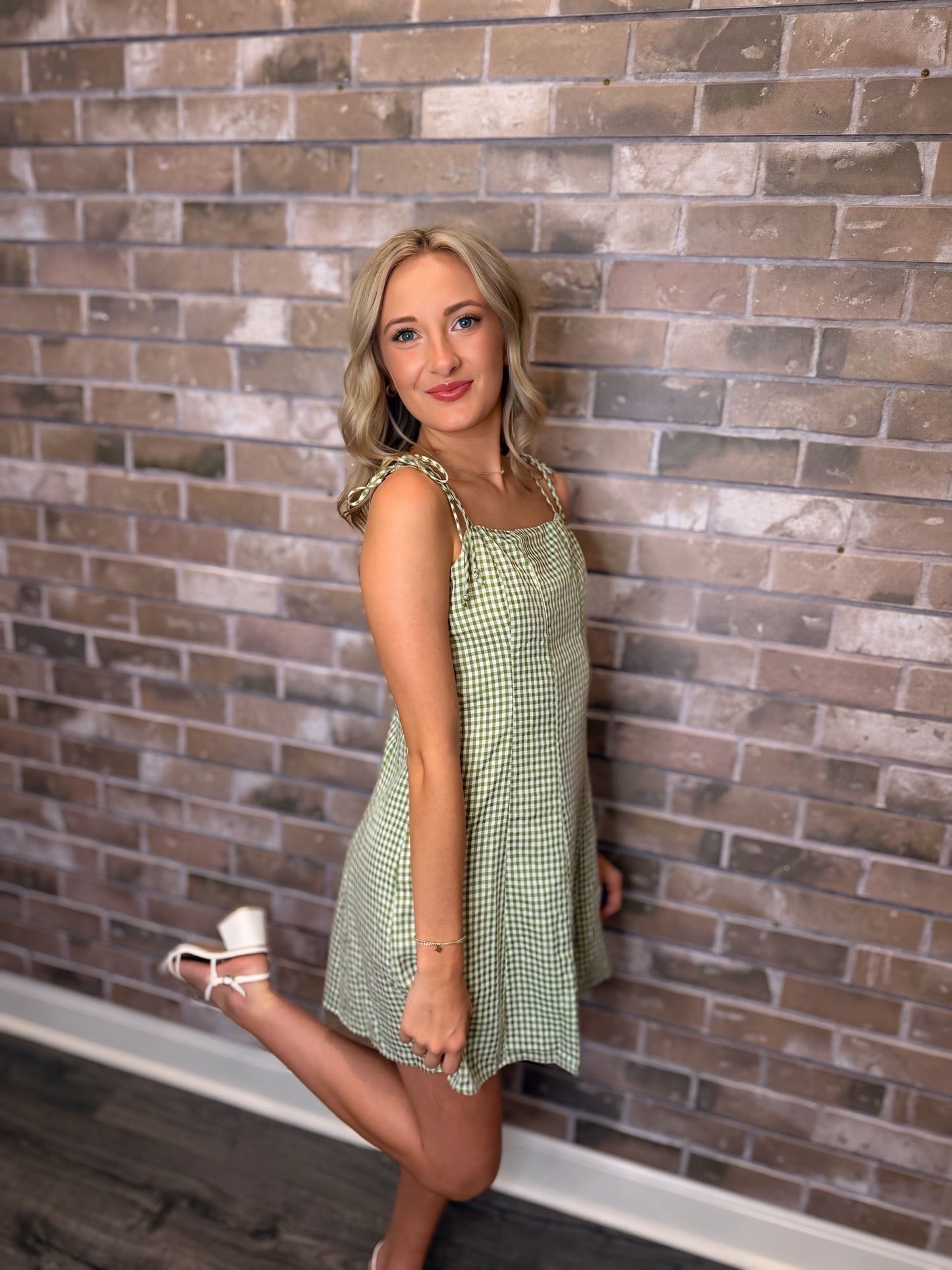 Gingham Tie Strap Mini Dress Green/White