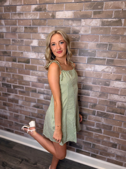 Gingham Tie Strap Mini Dress Green/White