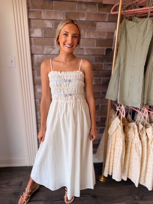 Scarlet Smocked Bow Trim Midi Dress