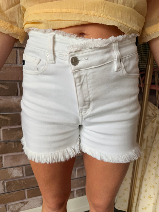 Kan Can High Rise Fringe White Shorts