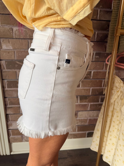 Kan Can High Rise Fringe White Shorts